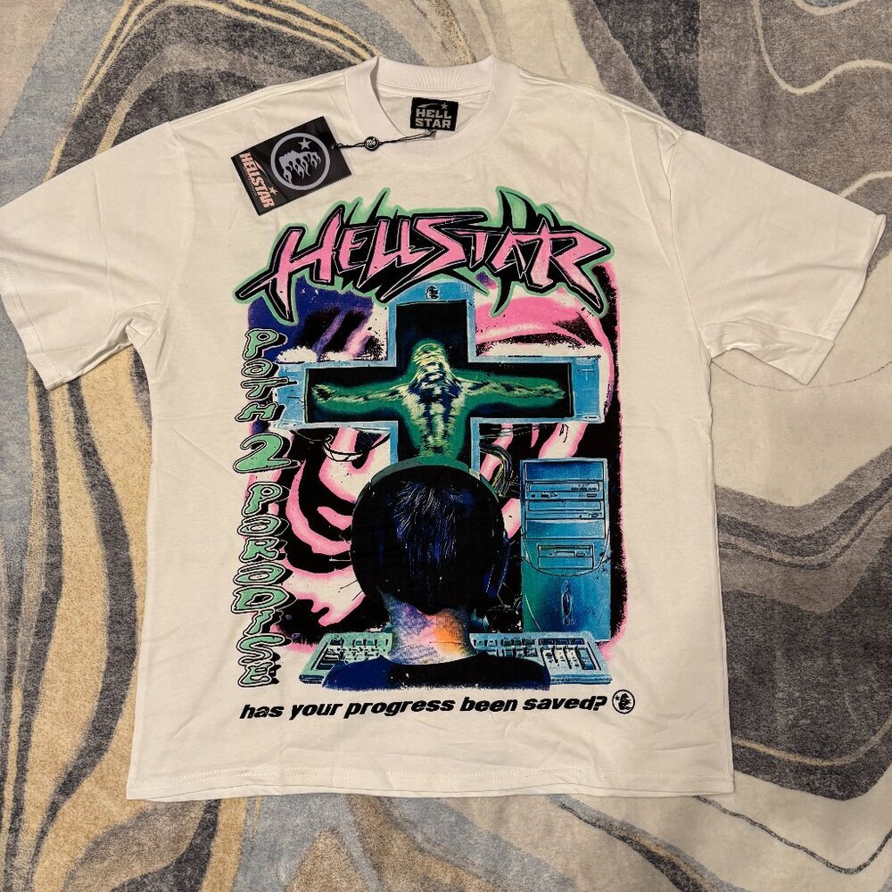 Hellstar Is Your Progress Saved? White T-Shirt Men’s Size Large and X-Large